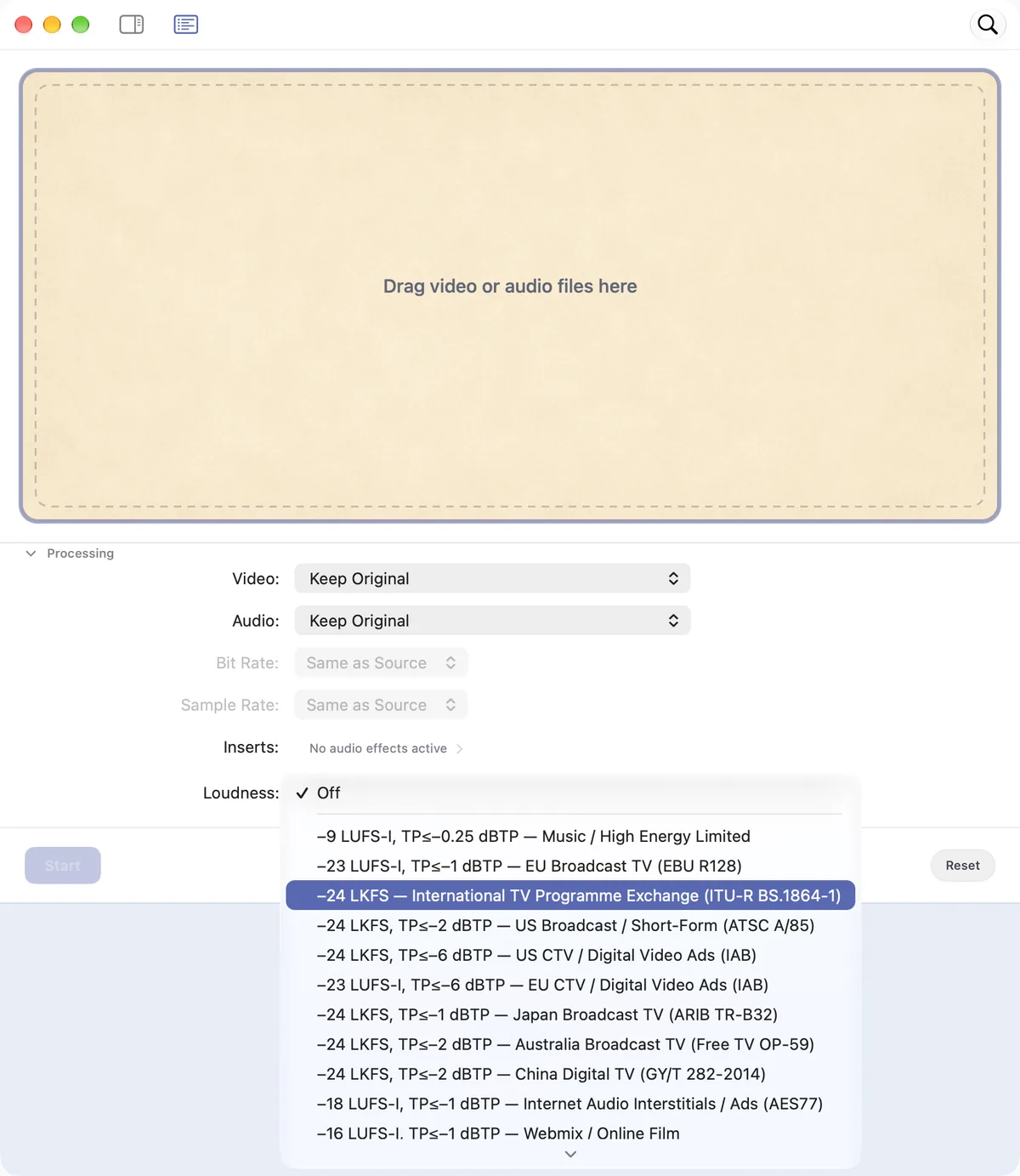 The loudness menu open in Sponable, showing the available delivery targets.