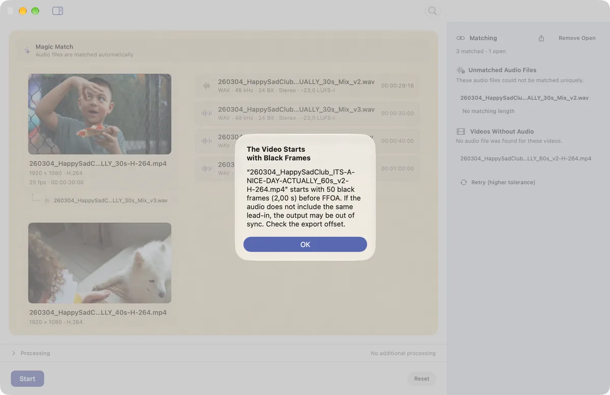 The Sponable dialog explaining detected black frames, over the dimmed main window.