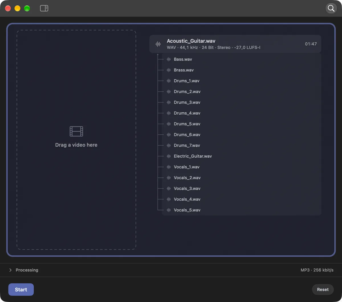 The Stack Sum view in Sponable, dark mode: Acoustic_Guitar.wav as the main track with fifteen stems — bass, brass, drums, electric guitar and vocals — stacked beneath it, next to an empty video drop zone.