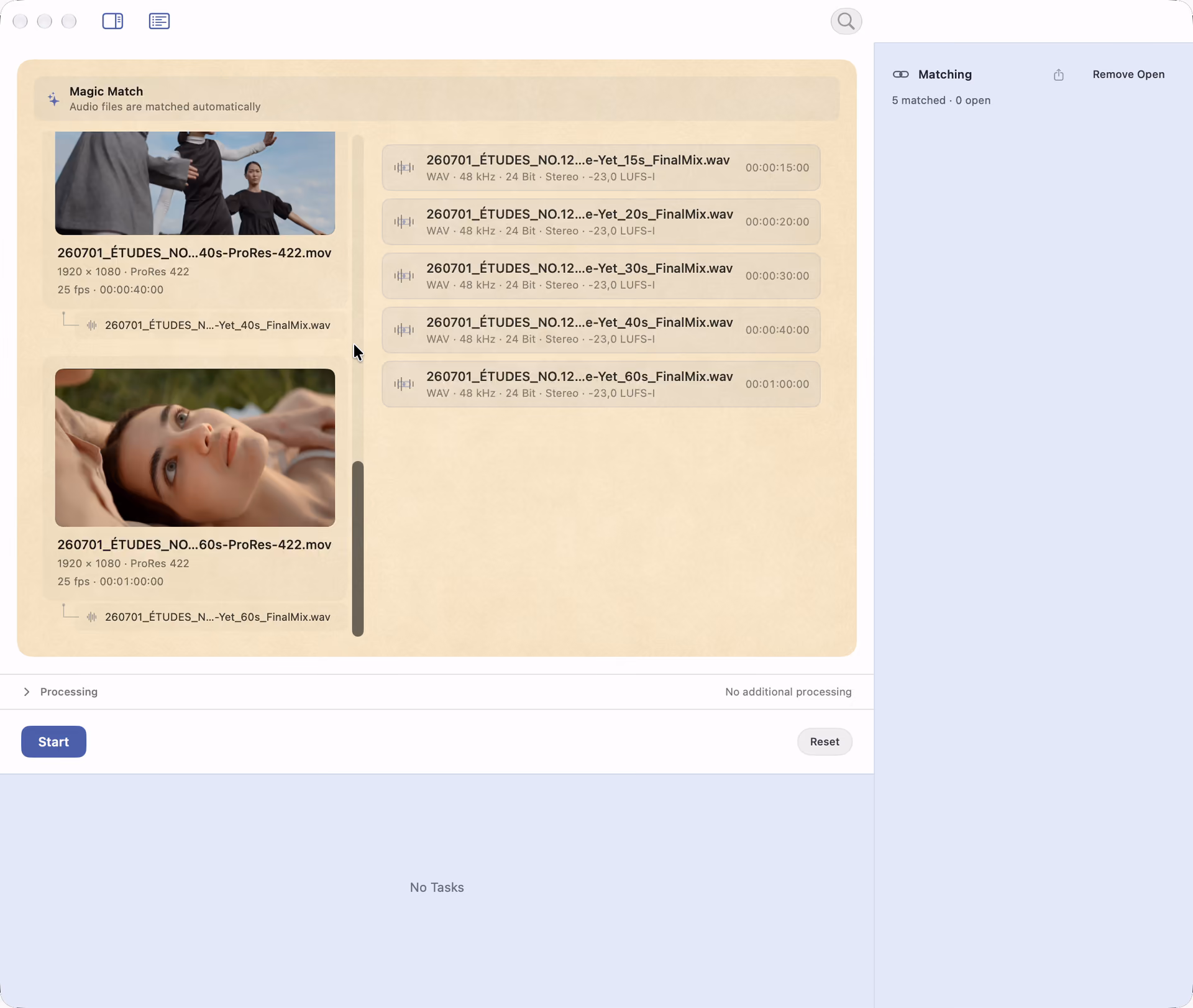 A real Magic Match run: video and audio files are paired in Sponable and laid back automatically.