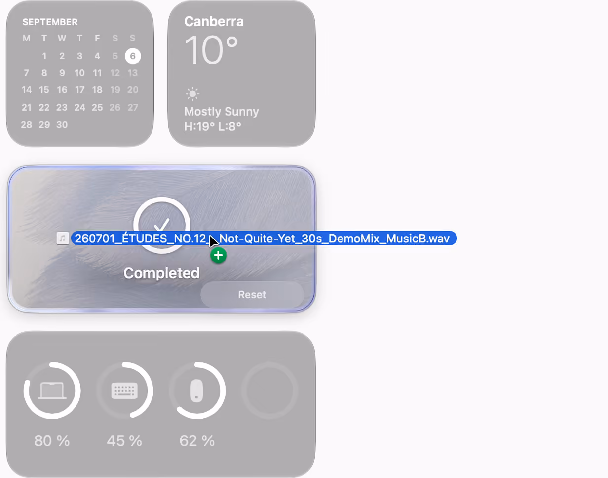 The MiniQuickDrop widget between the macOS calendar, weather and battery widgets, going from waiting to completed as a file is dropped on it.